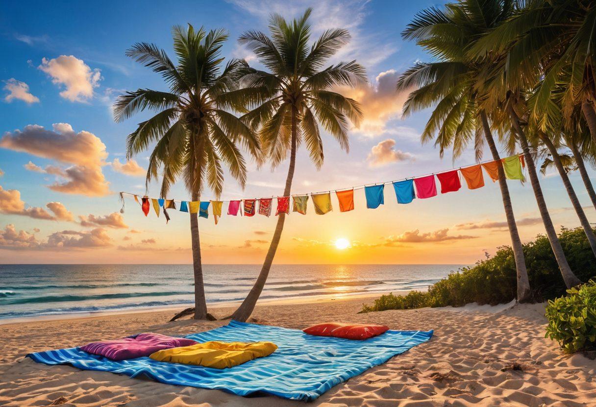 A sunny beachfront scene showcasing a variety of colorful bikinis hanging on a clothesline against the backdrop of a stunning ocean view. In the foreground, a family enjoys a picnic on a vibrant beach blanket, with beach umbrellas and palm trees swaying gently in the breeze. Bright beach volleyballs and surfboards lean nearby, capturing the essence of a lively summer vacation. The sky is blue with a few fluffy clouds to enhance the atmosphere of bliss. super-realistic. vibrant colors. dreamy sunset lighting.