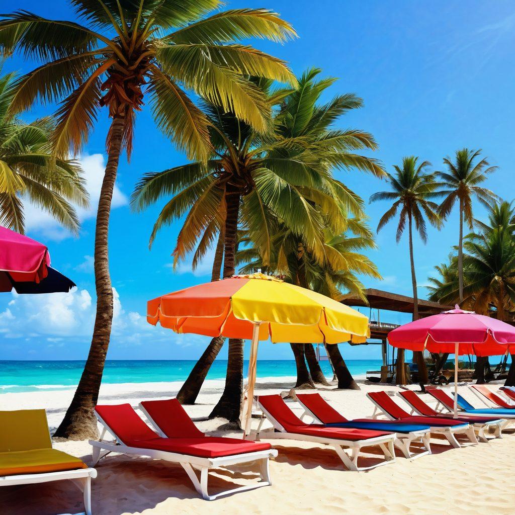 An idyllic beach scene featuring a stylish beachwear fashion display on a sandy shore, complemented by luxurious guest apartments in the background. Sun loungers, colorful umbrellas, and palm trees sway gently in the breeze, inviting relaxation. Brightly colored beach outfits hang elegantly on a clothesline. The atmosphere is vibrant and cheerful, exuding a sense of summer joy and adventure. digital painting. vibrant colors. tropical theme.
