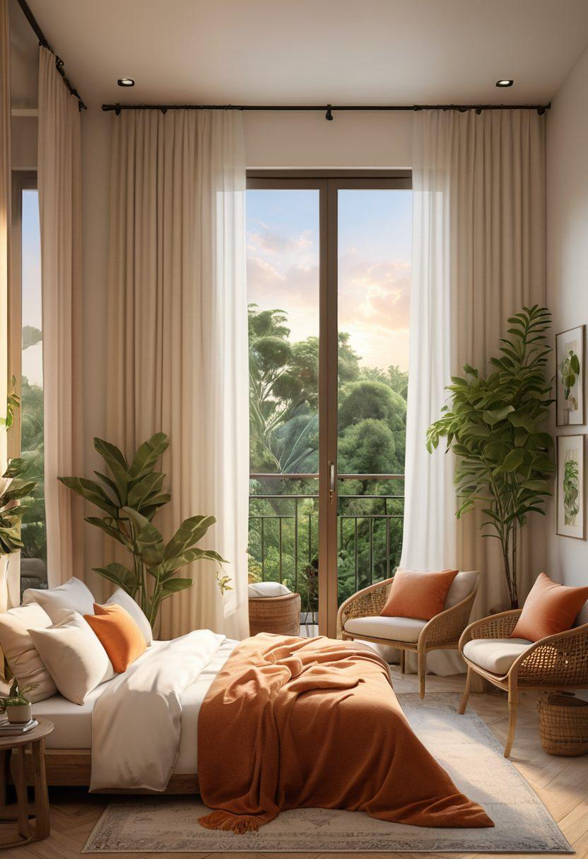 A serene guest apartment surrounded by lush greenery, with soft light filtering through sheer curtains. The interior features stylish decor, a cozy reading nook, and a small balcony with a view of a tranquil sunset. Elements of comfort like fluffy pillows and warm blankets enhance the atmosphere. A warm color palette evokes feelings of relaxation and wanderlust. super-realistic. vibrant colors. soft lighting.